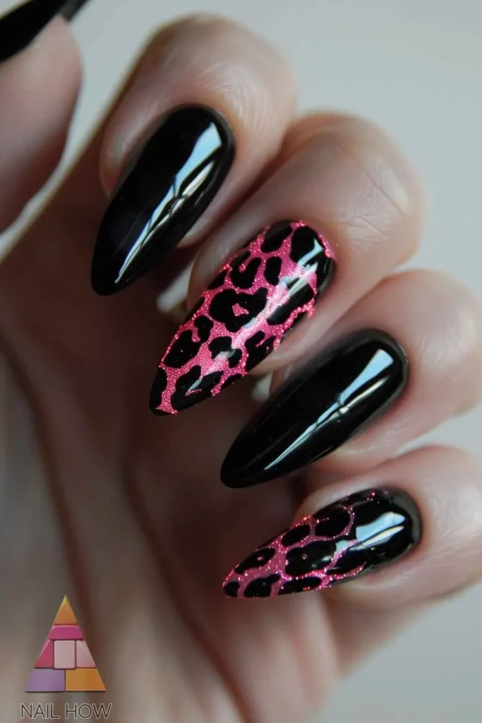27 Cheetah Nail Designs That Will Bring Out Your Wild Side 29 Almond black nails with pink glitter leopard accent