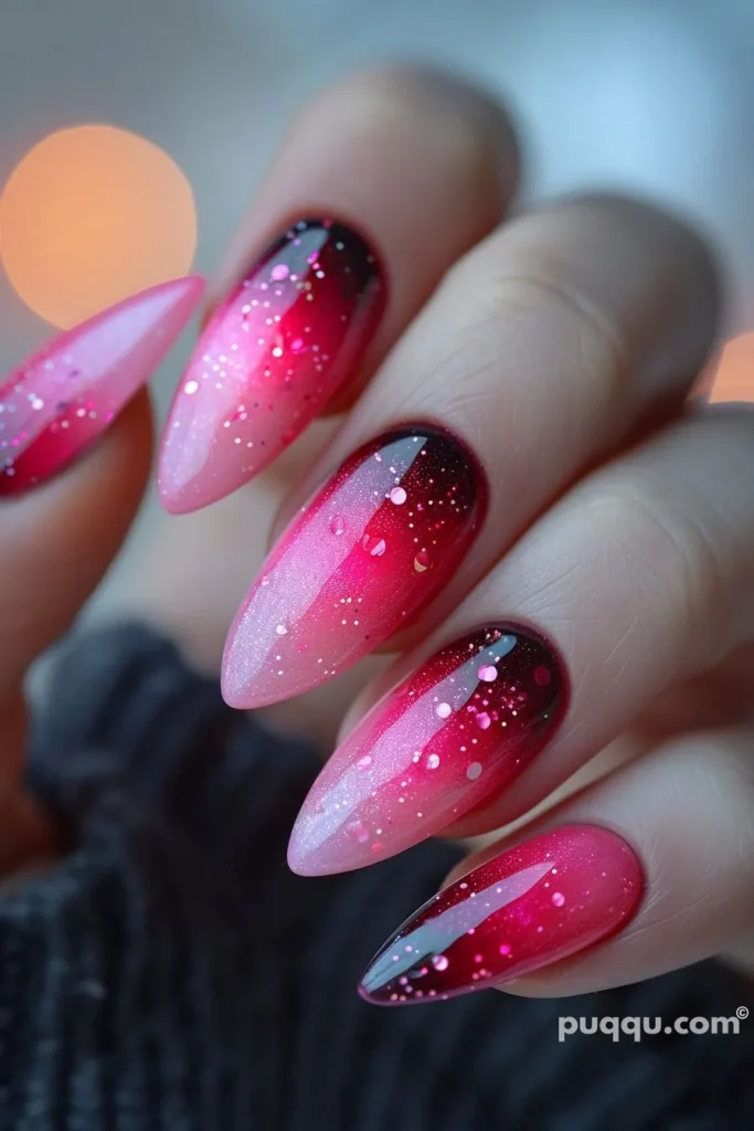 25 Ombre Almond Nail Designs in Trending Colors (Pink, Chrome, Blue, Red & Glitter) 4 Almond nails with hot pink ombre tips and glossy nude base