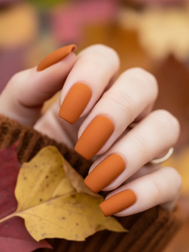burnt orange matte fall nail design with short nails