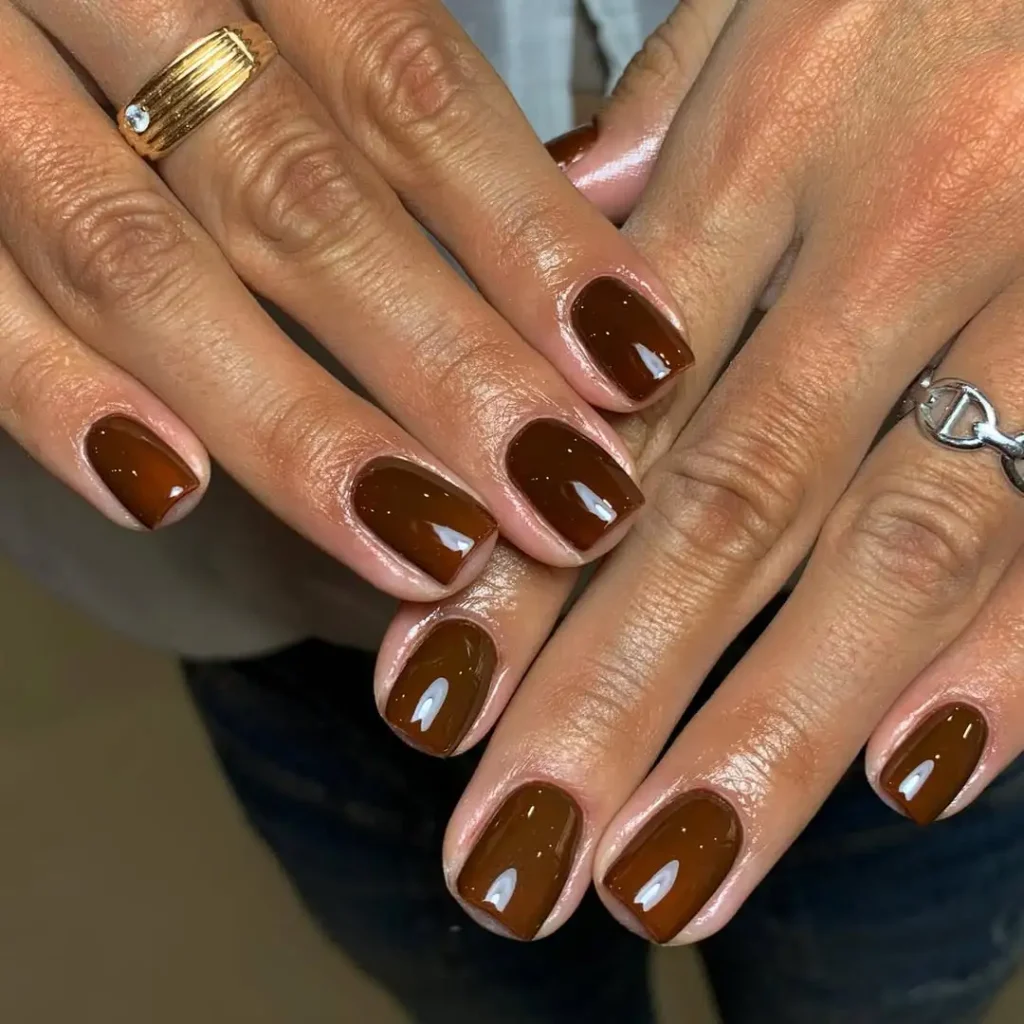 Acrylic Nail Designs for Every Skin Tone: Light, Medium, Tan & Dark 10 Short glossy chocolate brown acrylic nails on medium skin.