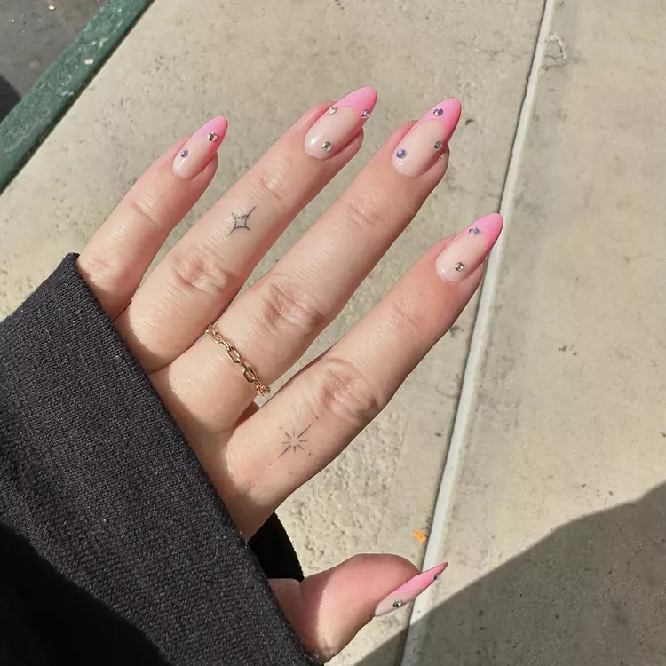 50+ Cute Pink Nail Ideas You’ll Want to Try in 2025 (Trendy, Girly & Pinterest-Perfect) 39 Bedazzled glitter pink French tip nails