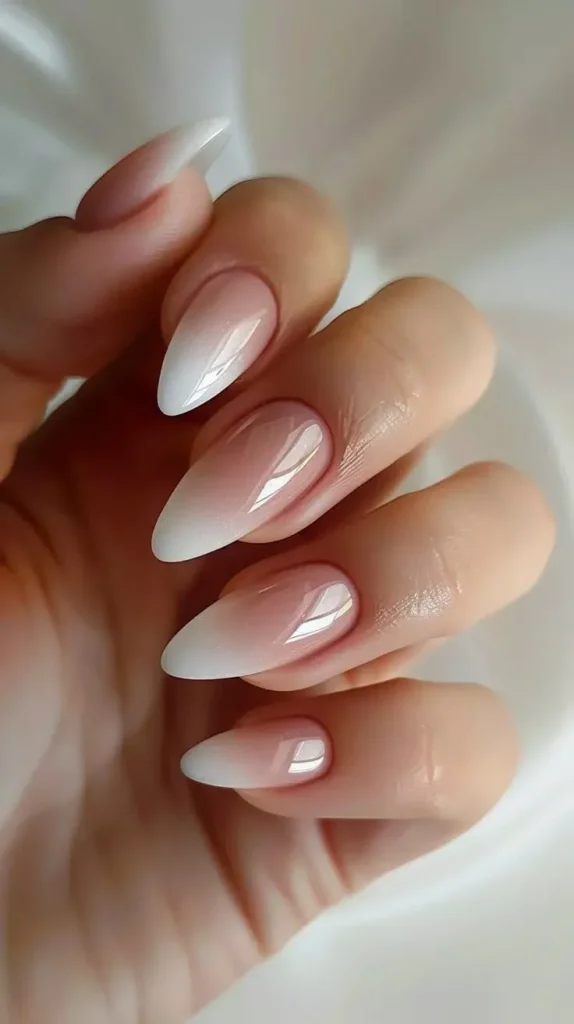 25 Ombre Almond Nail Designs in Trending Colors (Pink, Chrome, Blue, Red & Glitter) 6 Rose pink ombre almond nails with a sheer finish