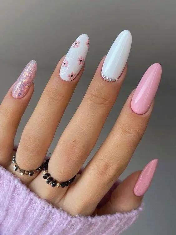 50+ Cute Pink Nail Ideas You’ll Want to Try in 2025 (Trendy, Girly & Pinterest-Perfect) 29 White Flowers on Pink Almond Nails