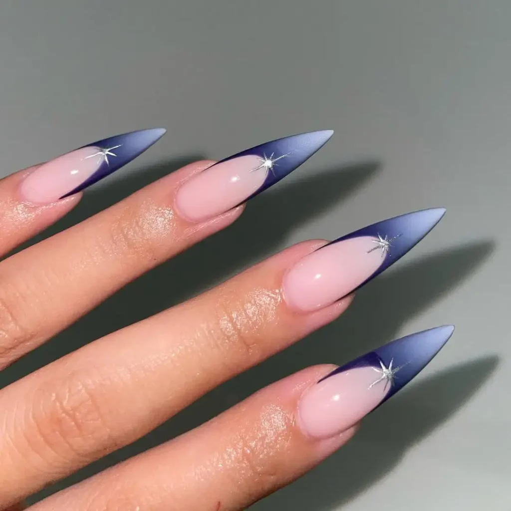 transparent nails with electric blue tips and aura