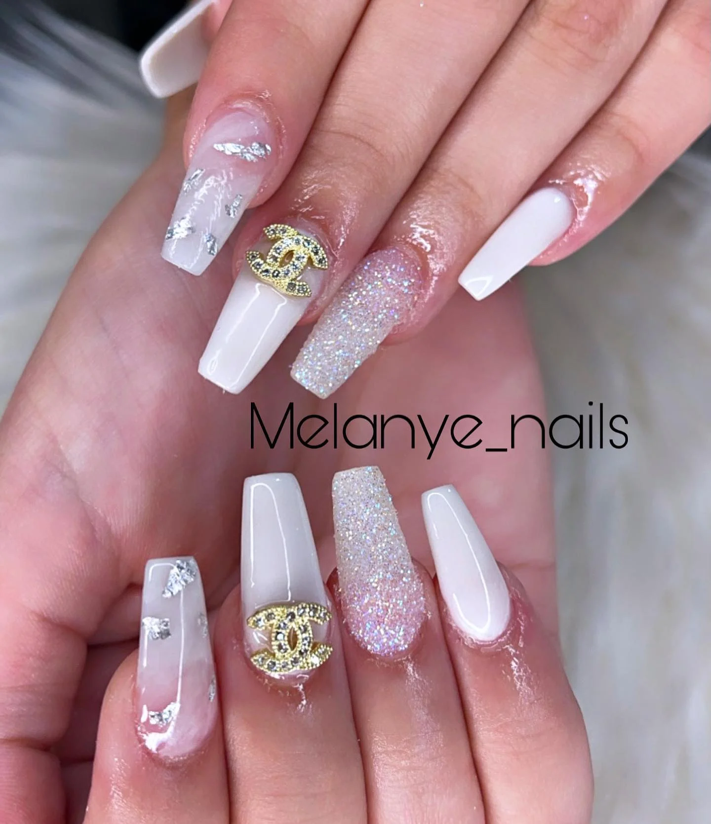 31 Nail Charm Ideas That Will Instantly Upgrade Your Nails in 2025 3 Glitter long square nails with Chanel gold charm