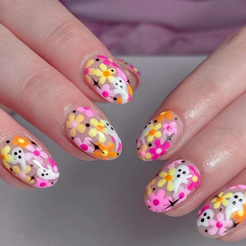 floral ghost confetti Halloween nails bright — cute colorful halloween nail design