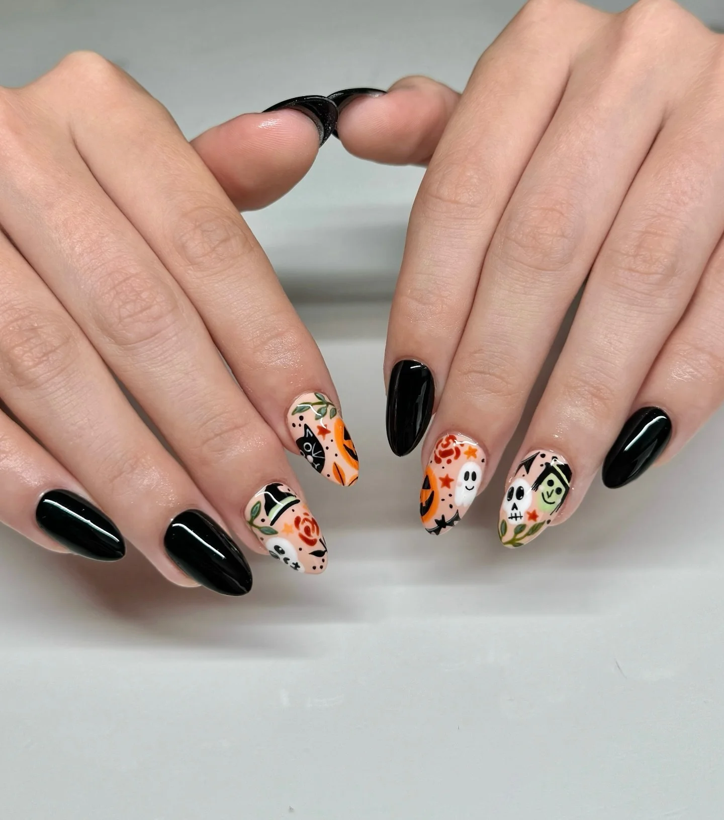 orange black cute Halloween nails pumpkin ghost cat — classic halloween nail art 2026