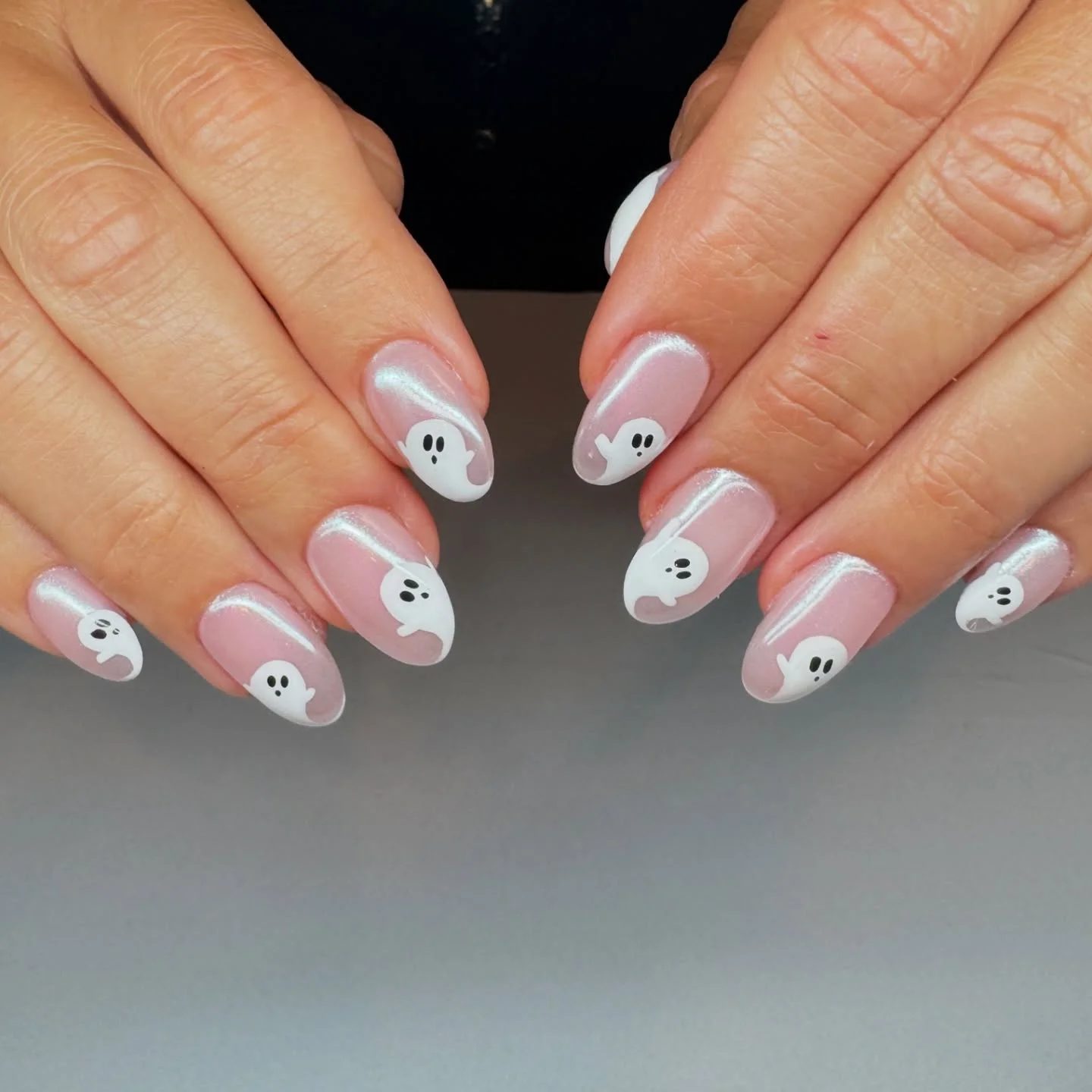 white ghost French tip Halloween nails soft pink — minimal cute halloween manicure