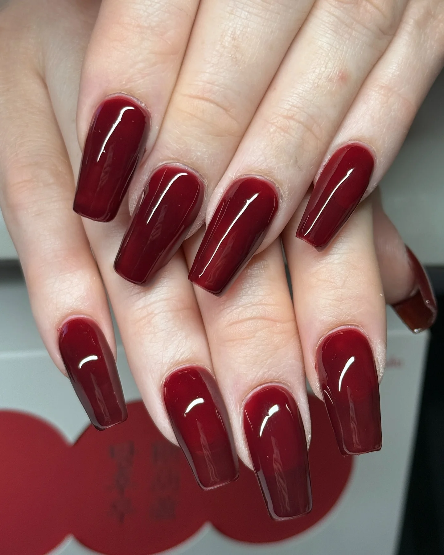 deep red coffin nails glossy finish