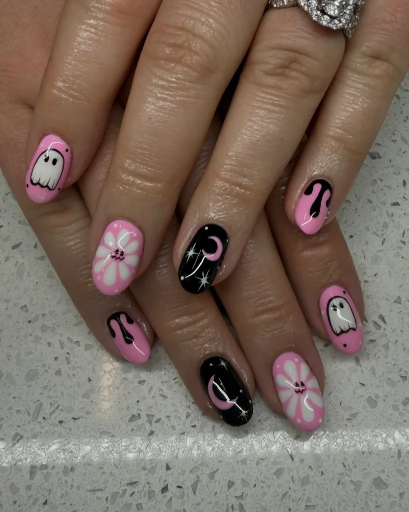 pink checkered ghost drip Halloween nails — girly pink halloween nail design 2026
