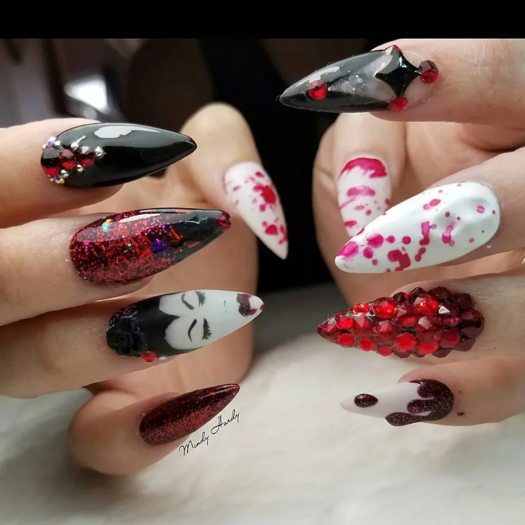 black crystal vampire Halloween nails red stiletto blood splatter — gothic glam 2026