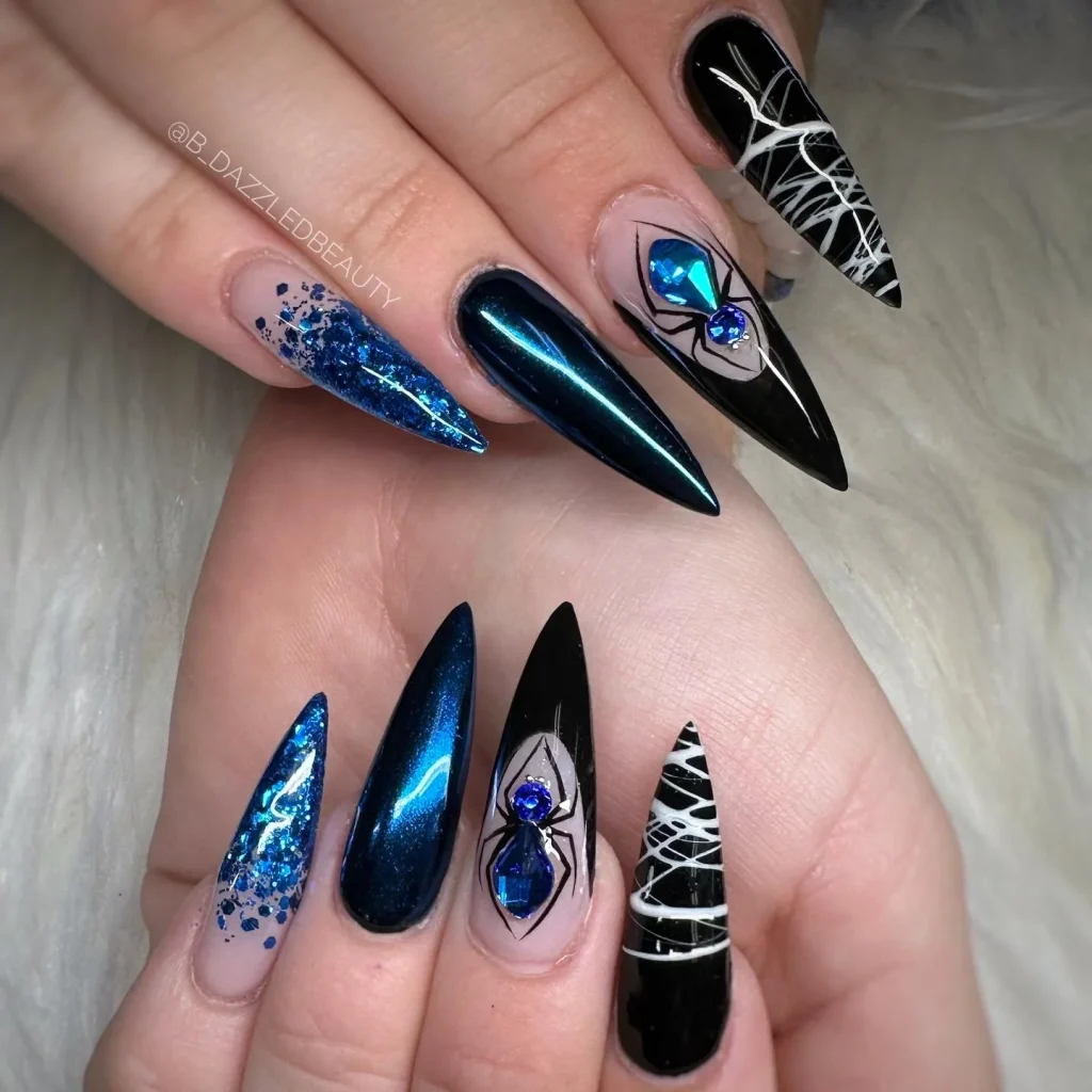 blue chrome ghost stiletto Halloween nails rhinestone spider — glam halloween manicure 2026