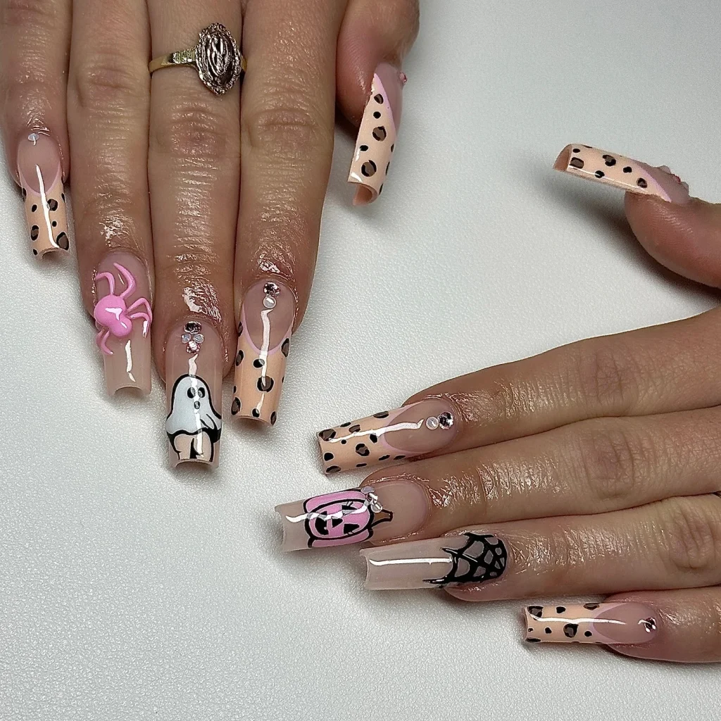 pink ghost dot French Halloween nails clear nude spider — feminine halloween nail art 2026