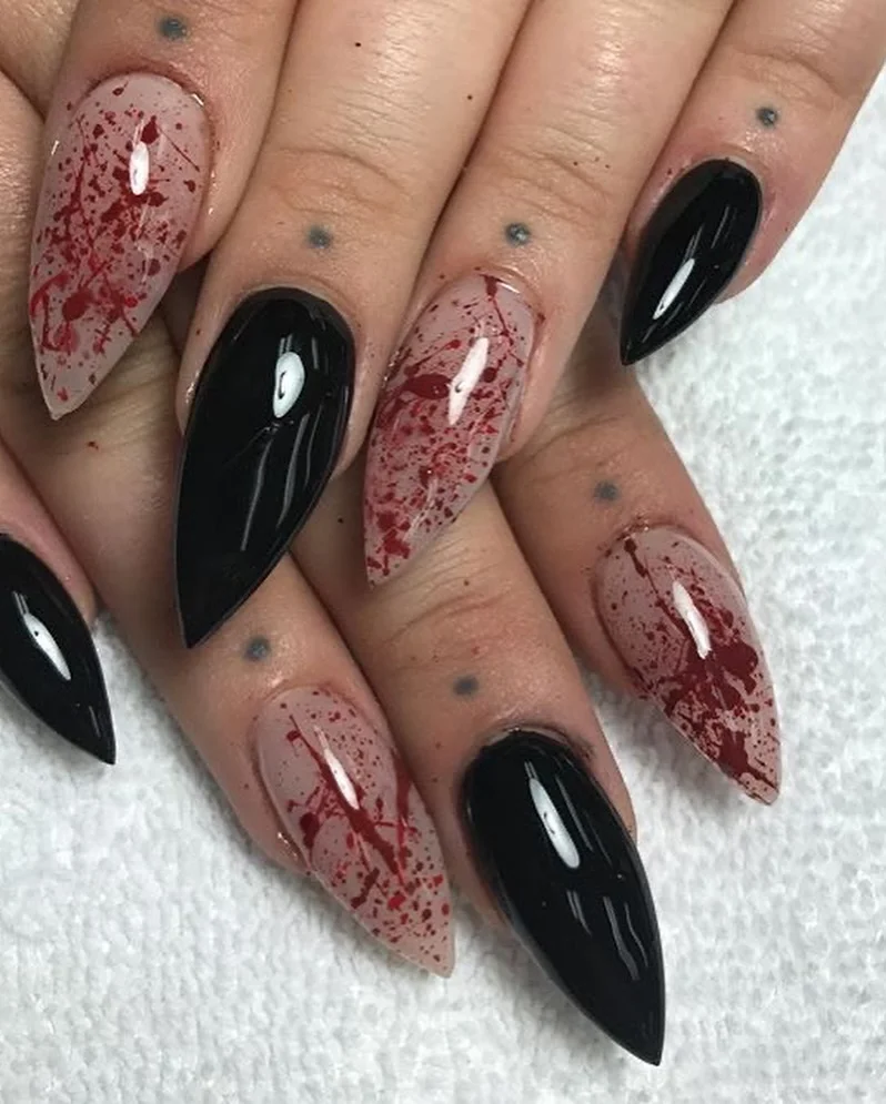 blood splatter Halloween nails nude black — slasher horror nail design 2026
