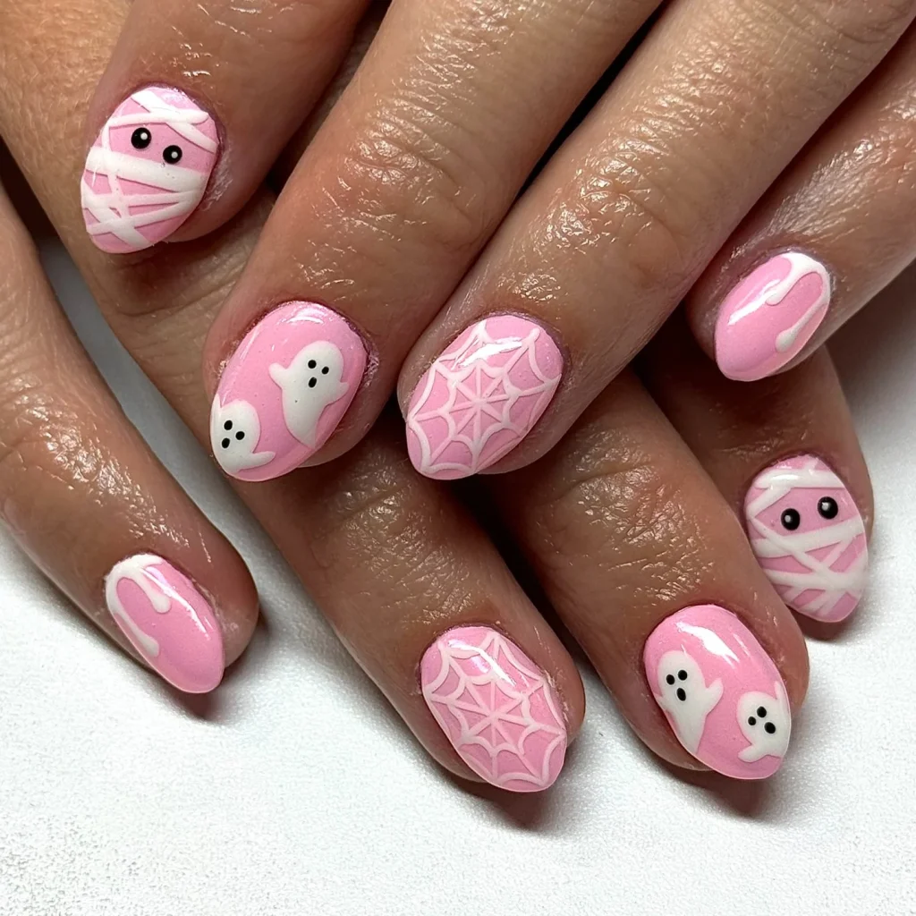 kawaii pink Halloween mummy ghost nails — cute japanese halloween nail art 2026