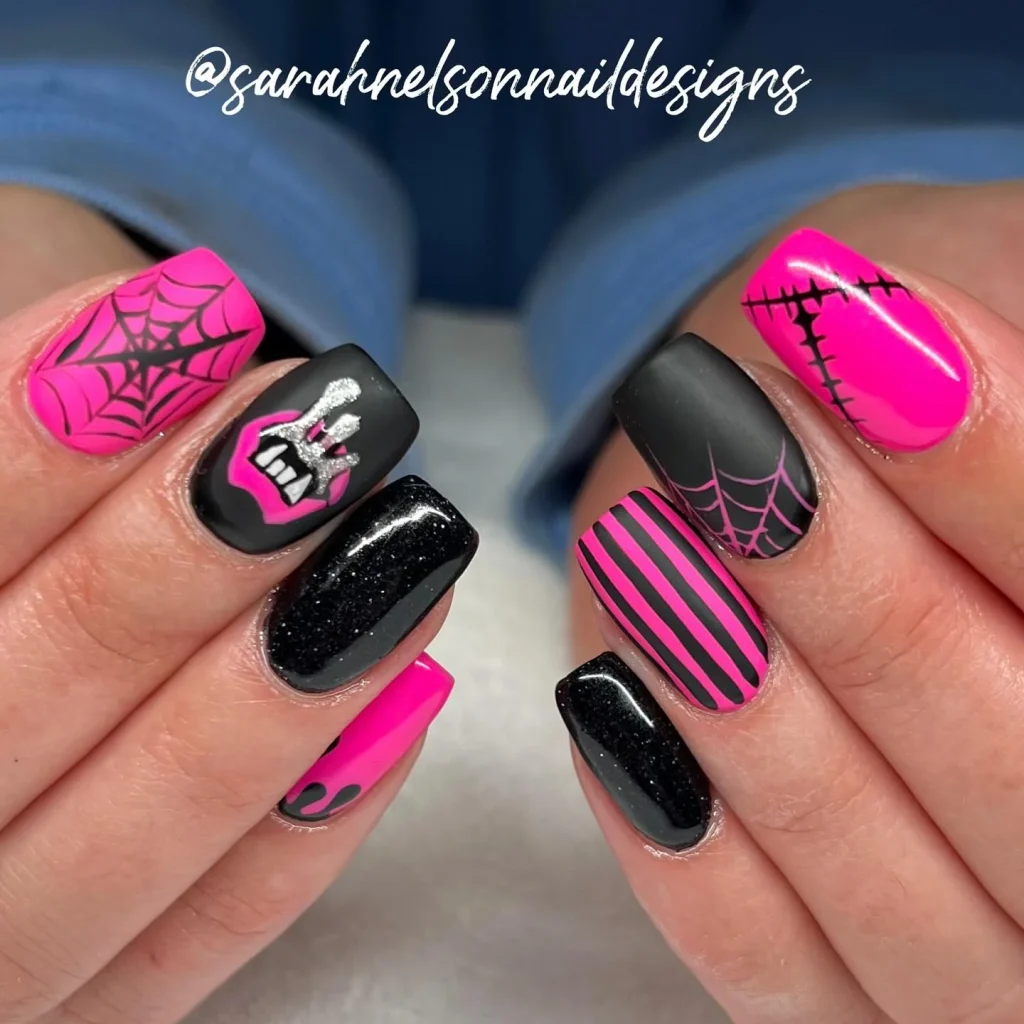 pink black Halloween square nails bold — modern halloween nail design 2026