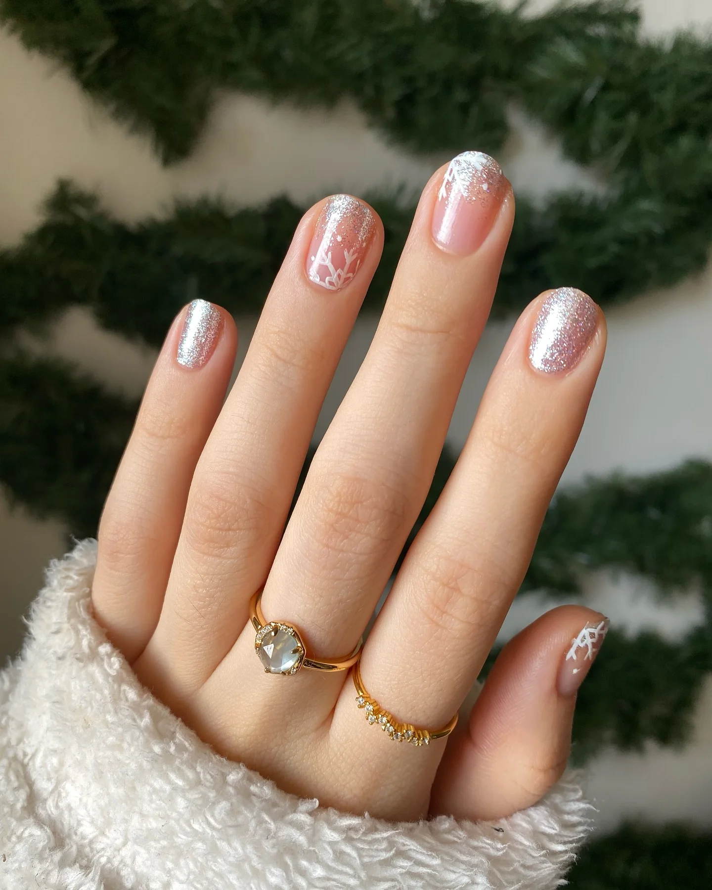 31 Nail Charm Ideas That Will Instantly Upgrade Your Nails in 2025 30 Short nails with silver glitter tips and delicate seasonal charm details