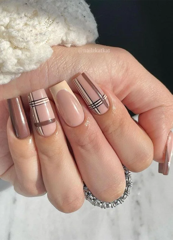 Acrylic November nails with nude and brown plaid design on long square shape, elegant fall nail art 2025