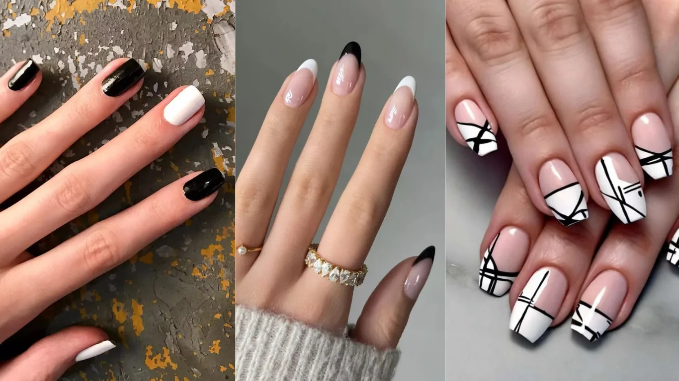 Black and White Nail Designs 2025: Chic Ideas for Every Occasion 1 Collage of black and white nail designs: solid alternating black and white manicure, almond-shaped French tips with black and white accents, and geometric line art on square nails for a chic monochrome look.