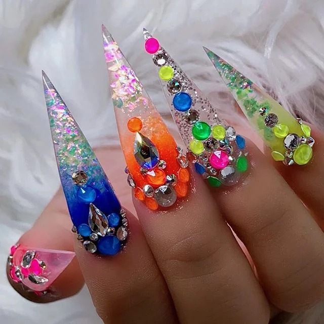Fully blinged acrylic rhinestone nails in rainbow colors