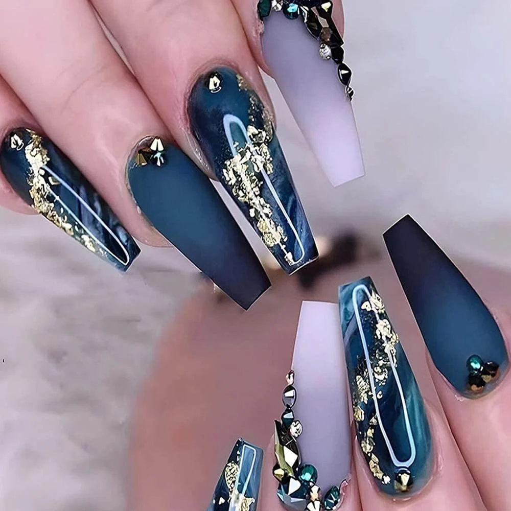Long acrylic prom rhinestone nails with glitter