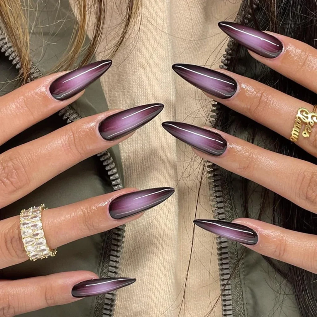 Long stiletto nails in glossy plum.