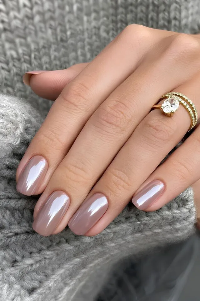 Mauve nails updated with a glossy chrome overlay