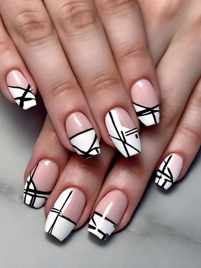 Black and White Nail Designs 2025: Chic Ideas for Every Occasion 9 Modern black and white geometric nail art on short square nails with glossy finish, featuring abstract line patterns for a bold and stylish manicure look.