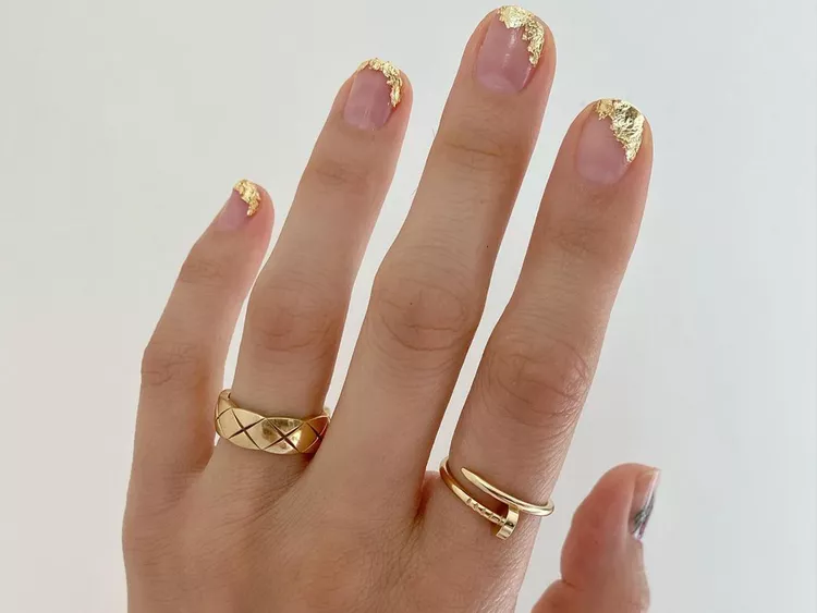 Nude November nails with subtle gold flecks