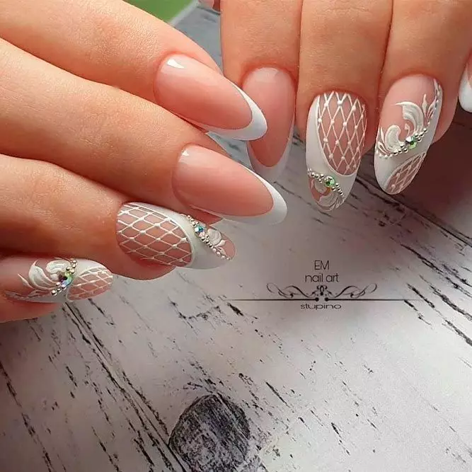 Wedding nude nails with lace and rhinestones