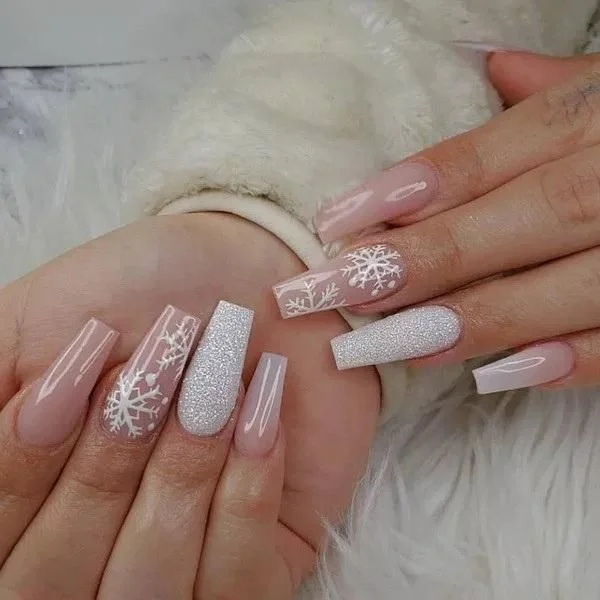 White snowflake Christmas nails with rhinestones