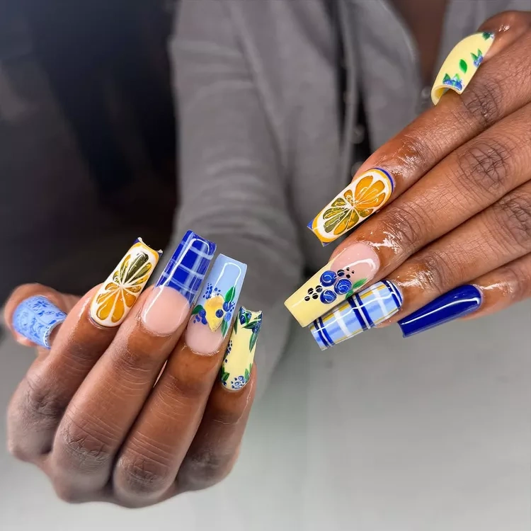 20 Beautiful Butter Yellow Nails Design You’ll Love This Summer 15 Long summer yellow and blue fruit plaid French tip coffin nails