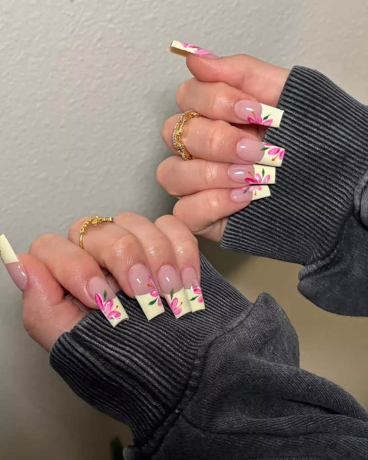 20 Beautiful Butter Yellow Nails Design You’ll Love This Summer 5 Pink and yellow tropical floral square French tip long nails"