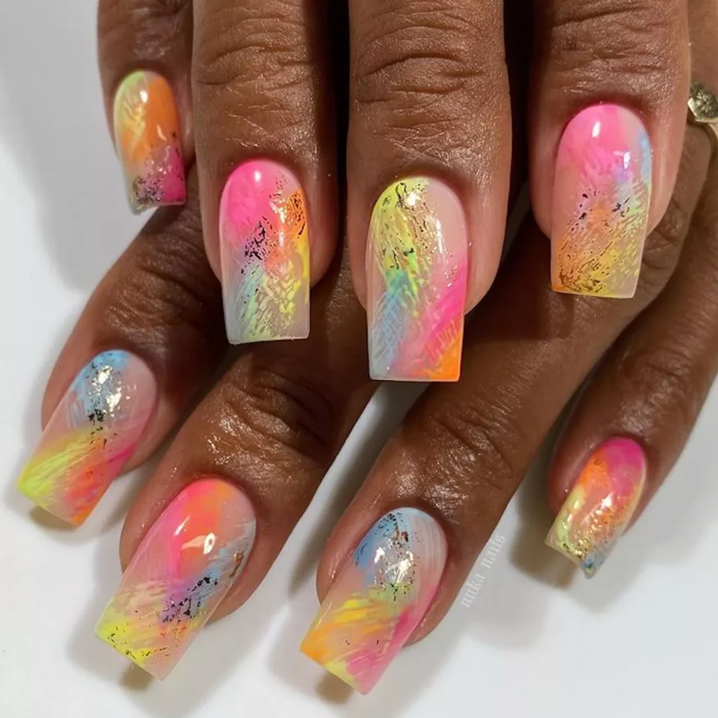 29 Simple Square Nail Designs for a Chic Summer Look (2025 Edition) 23 Bright neon watercolor brush stroke nail art on long nude square nails