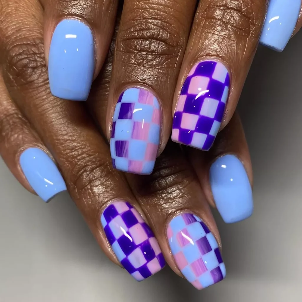 29 Simple Square Nail Designs for a Chic Summer Look (2025 Edition) 19 Bright blue and purple checkerboard pattern nails paired with solid blue polish