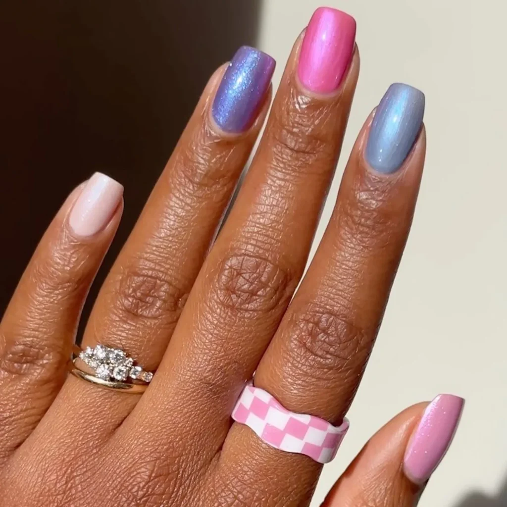 29 Simple Square Nail Designs for a Chic Summer Look (2025 Edition) 8 Shimmering pastel nails in purple, pink, and blue chrome polish on short square nails