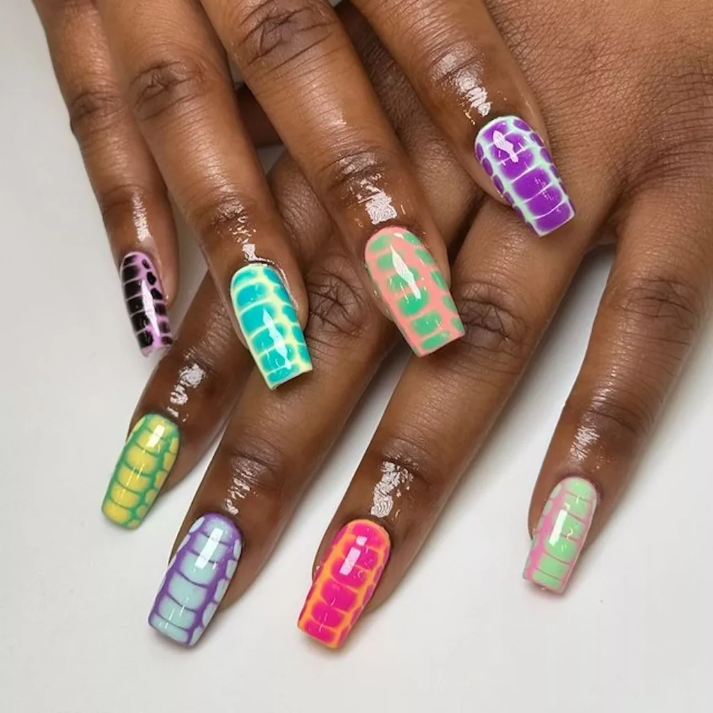 29 Simple Square Nail Designs for a Chic Summer Look (2025 Edition) 11 Neon crocodile skin texture nails with colorful vertical ombre and animal print effect