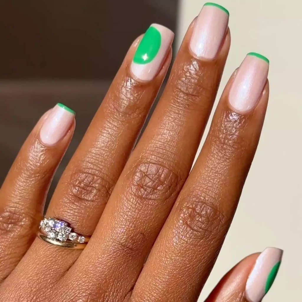 29 Simple Square Nail Designs for a Chic Summer Look (2025 Edition) 10 Minimalist green French tip and half-moon design on a shimmering pearl-glaze base