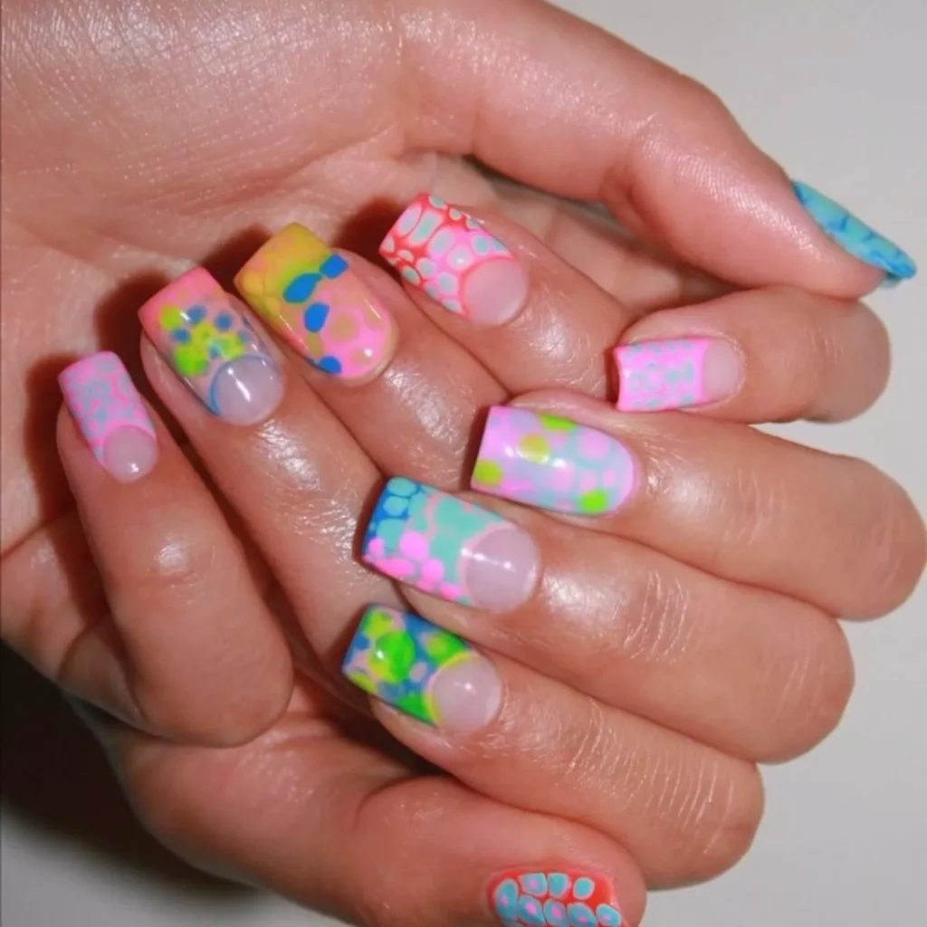 29 Simple Square Nail Designs for a Chic Summer Look (2025 Edition) 30 Funky neon tie-dye and bright pink patterned French manicure on square nails