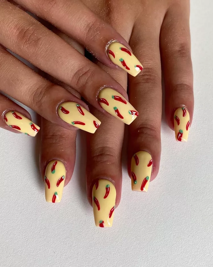 20 Beautiful Butter Yellow Nails Design You’ll Love This Summer 16 Yellow coffin nails with red and green chilli pepper print art