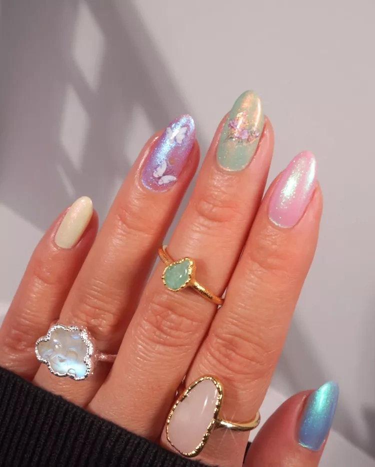 20 Beautiful Butter Yellow Nails Design You’ll Love This Summer 21 Ethereal pastel chrome nail art with butterfly decals, wearing gold moonstone and jade rings