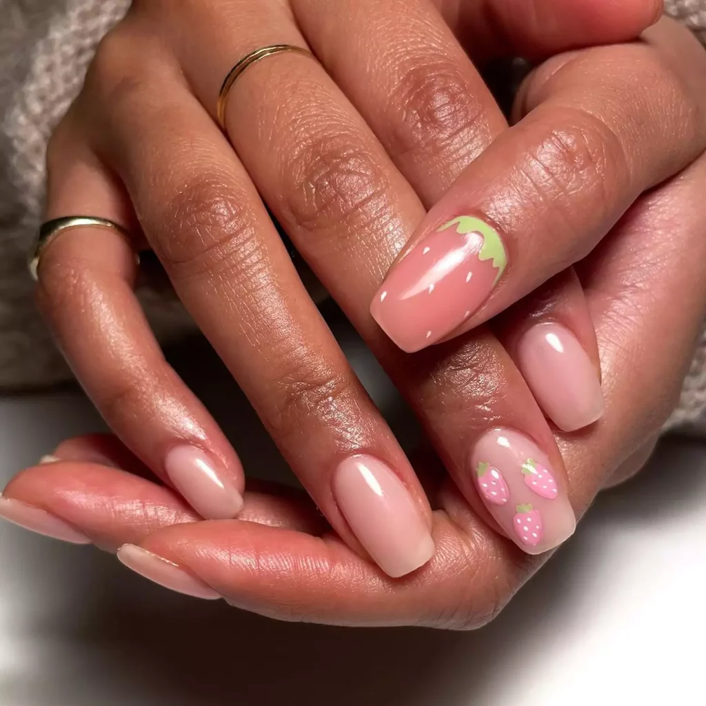 29 Simple Square Nail Designs for a Chic Summer Look (2025 Edition) 5 Cute strawberry nail art on a pink sheer base with a green French tip accent