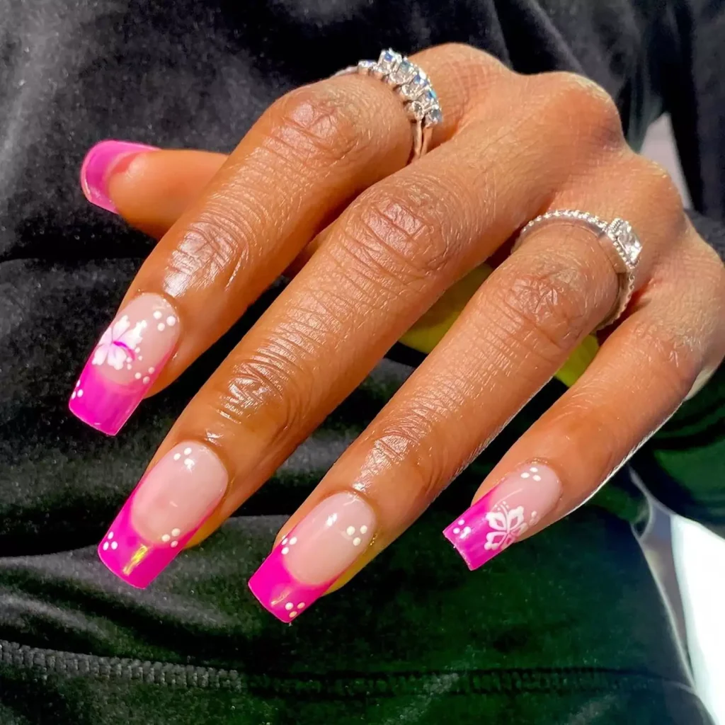 29 Simple Square Nail Designs for a Chic Summer Look (2025 Edition) 20 Hot pink French manicure on long square nails with white hibiscus flower decals
