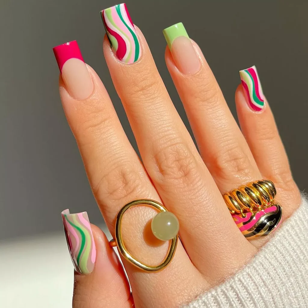 29 Simple Square Nail Designs for a Chic Summer Look (2025 Edition) 3 Long coffin swirl French tips in pink, fuchsia, and mint green with a bold retro pattern