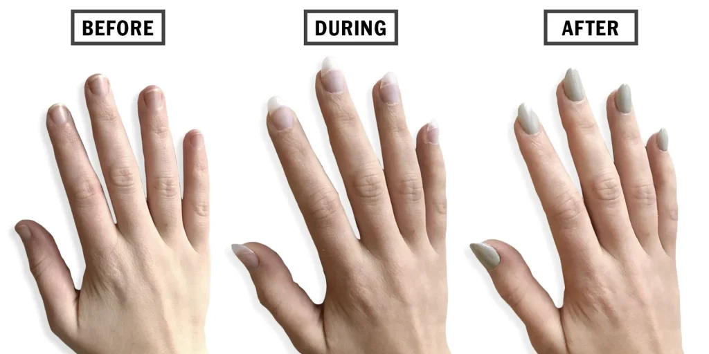 The Best Nail Shapes for Short Nails: 2025 Guide to Flattering Styles 13 A three-panel Before, During, and After comparison image demonstrating a nail polishing technique to make short nails look longer. The BEFORE panel shows bare, short nails. The DURING panel shows nails with a sheer base or tips applied. The AFTER panel shows the nails painted with a muted green-grey polish, visibly giving the illusion of longer, more slender fingers and extended nail beds. Nail polish trick to elongate short nails before and after.