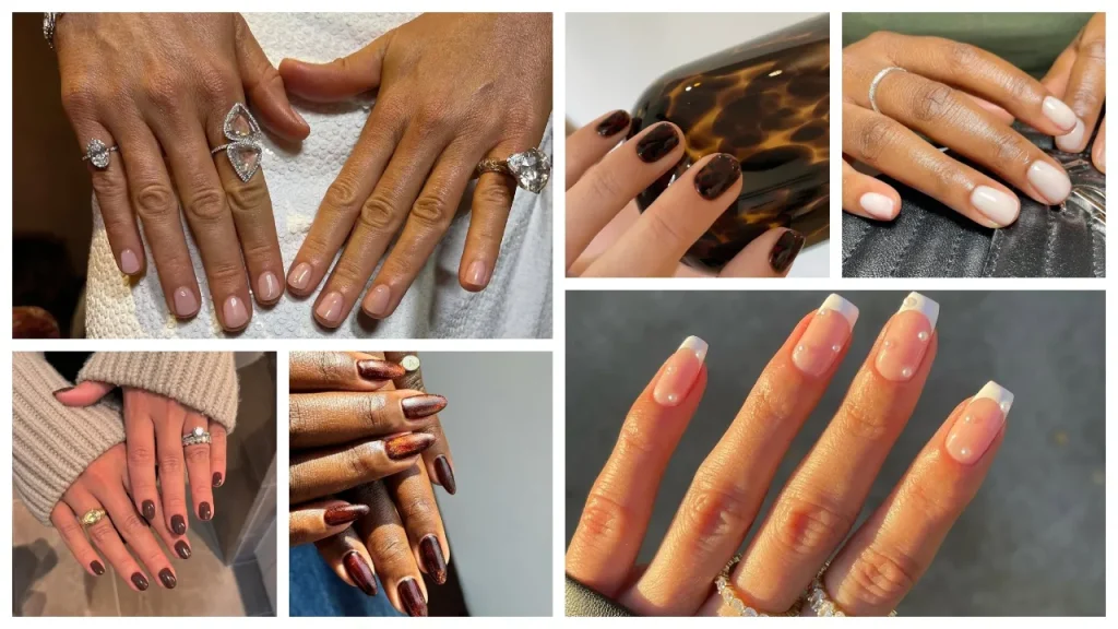 The Best Nail Shapes for Short Nails: 2025 Guide to Flattering Styles 14 A five-image collage showcasing various 2025 short nail trends and colors on diverse skin tones. The images feature: short nude nails with diamond rings; short dark tortoiseshell nails; short round nails with a creamy white manicure; short deep burgundy nails; short almond or stiletto shape nails with a shimmering amber gradient; and short French manicures adorned with tiny pearl embellishments.