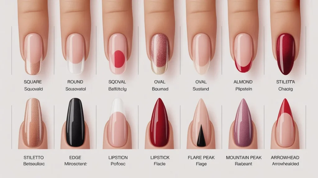 The Ultimate Nail Shapes Chart and Complete Guide to Choosing Your Style 7 The ultimate nail shapes chart infographic showing 12 different styles and lengths from short square to long coffin and stiletto.