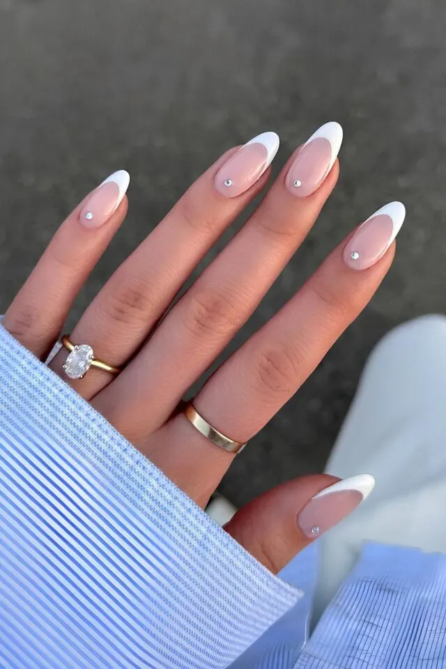 30 Fall French Manicure Ideas That Prove This Classic Never Gets Old (2026) 23 rhinestone french manicure fall 2026 crystal cuticle detail
