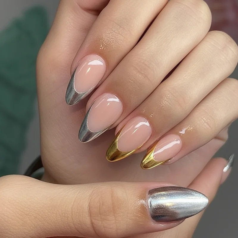 25 Back to School Nail Ideas 2026 Cute, Classy & School-Appropriate Designs for Students & Teachers 13 silver gold chrome french tip almond nails light catching finish shade comparison