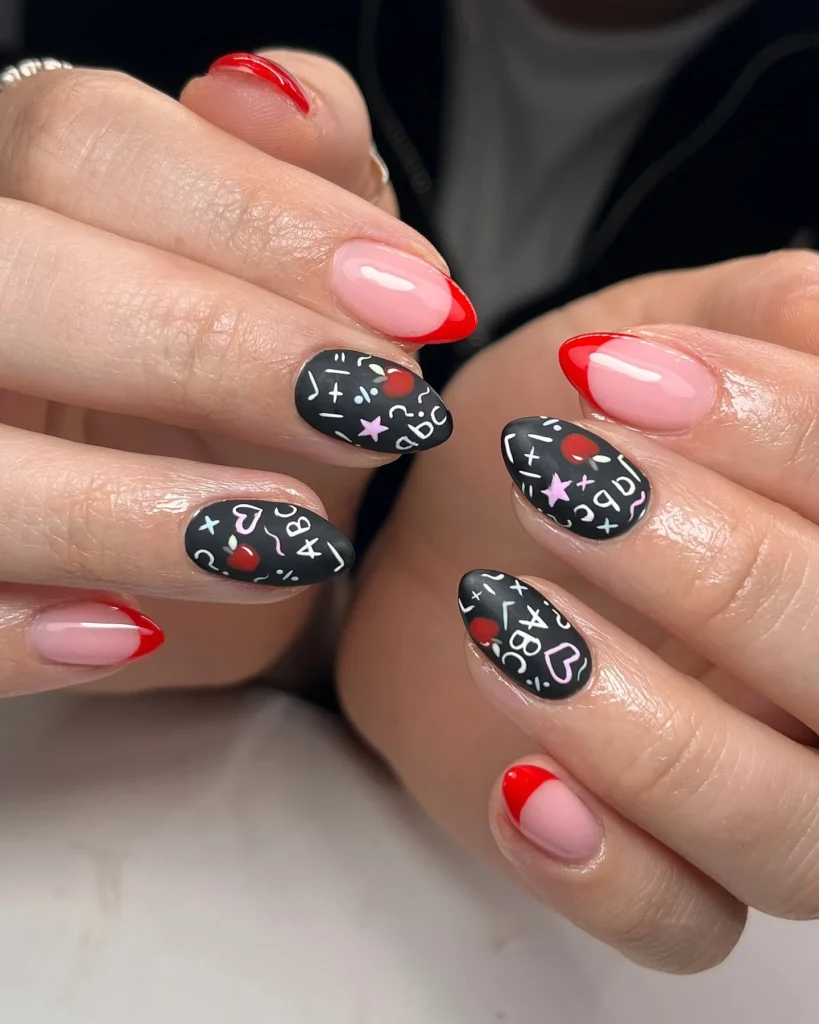 25 Back to School Nail Ideas 2026 Cute, Classy & School-Appropriate Designs for Students & Teachers 25 ABC doodle back to school nail art 2026 — educator elementary teacher nails
